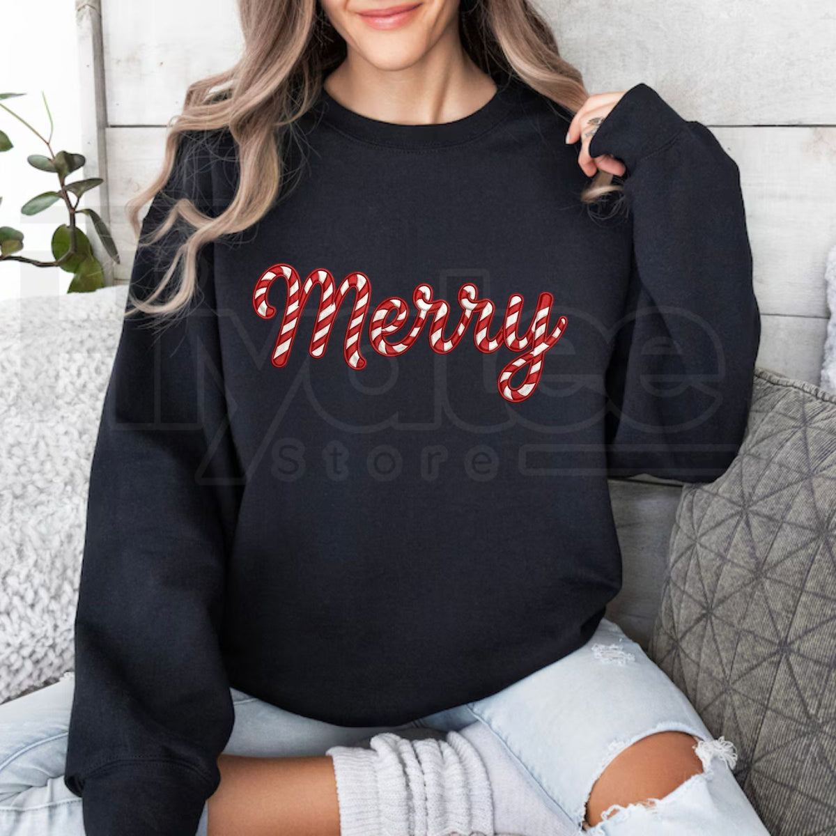 Embroidered Merry Christmas Sweatshirt, Candy Cane Holiday Graphic Pullover