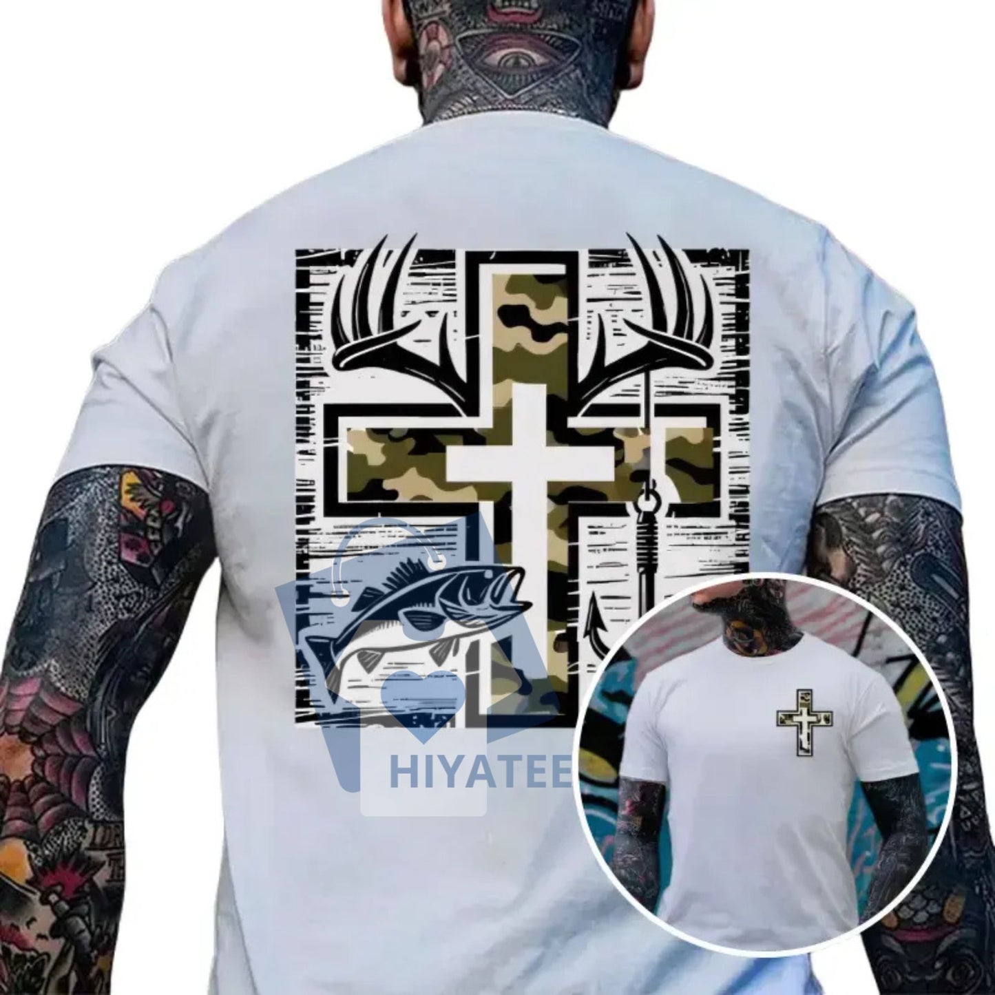 Southern Charm Fishing Shirt – Camo Cross Antlers & Bass, Faithful Adventure Crew Neck, Unisex 100% Cotton Premium Comfort