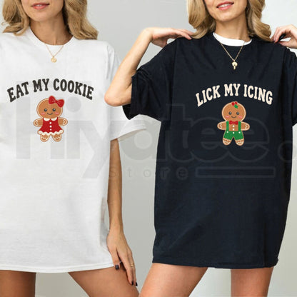 Eat My Cookie & Lick My Icing Matching Christmas Couples T-Shirts – Funny Gingerbread Holiday Graphic Tees