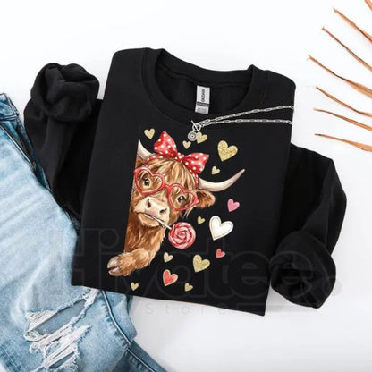 Valentine Highland Cow Sweatshirt: Coquette Western Love XOXO Crewneck