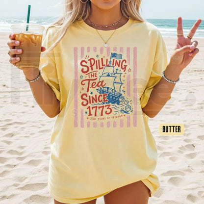 Striped Spilling The Tea Since 1773 Shirt – Funny 4th of July Tee, Preppy Patriotic USA Party T-Shirt, 250th Anniversary Merch