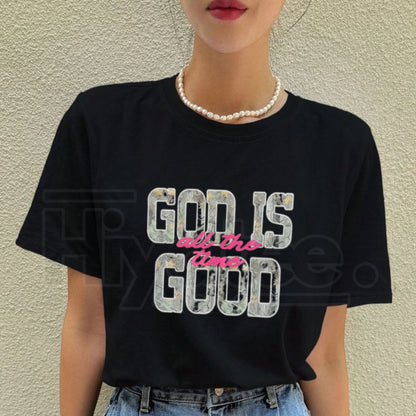 "God is Good" Camo – Asphalt Gray Faith-Based Graphic Top