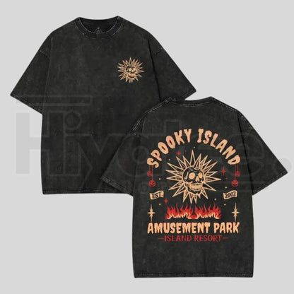 YoungFlame Spooky Island Acid Wash Oversized T-Shirt – Y2K Nostalgic Graphic Tee for Men & Women