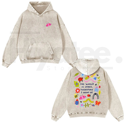 Cute Bug Print Washed Hoodie – "The World Is Cruel" Slogan, Vintage 380g Heavyweight Graphic Sweatshirt