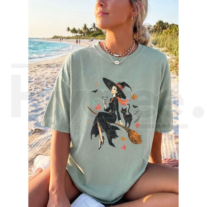 Vintage Witch Cat Ringer Tee Retro Salem Halloween Spooky Pumpkin Shirt