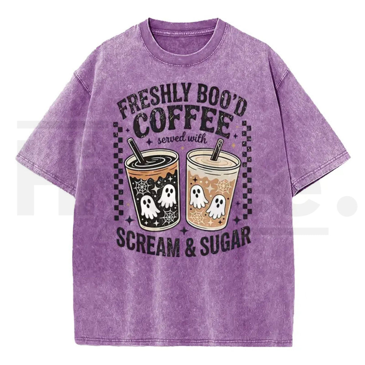 Holafish Funny Scream & Sugar Ghost Coffee T-Shirt – Retro Washed Oversized Fall Graphic Cotton Tee