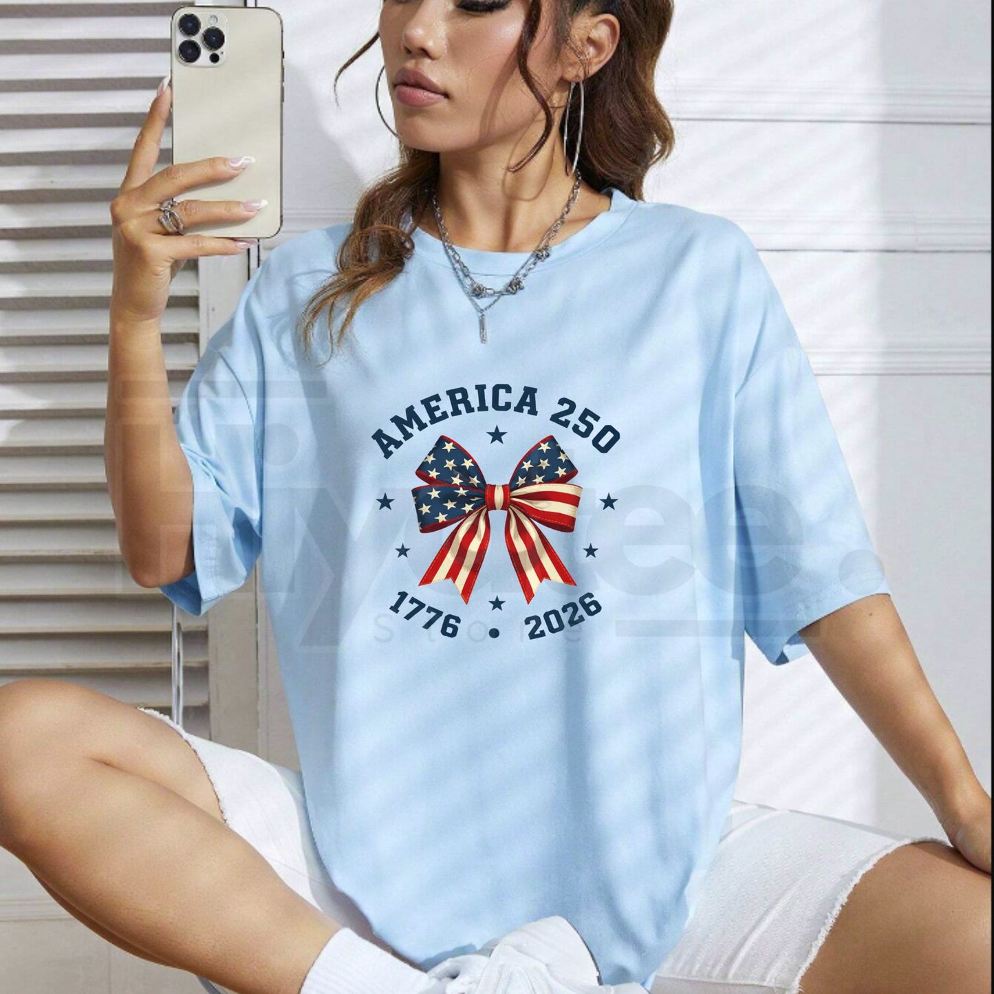 "America 250" – Stars And Stripes Bow Print Independence Day Top
