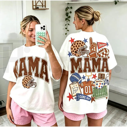 Mama Football T-Shirt – Coquette Bow & Leopard Print Game Day Tee, Double-Sided Sports Mom Shirt