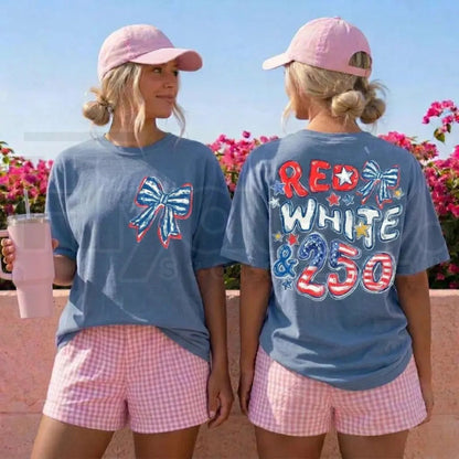 Comfort Colors Red White and 250 Shirt – America 250th Anniversary Patriotic Bow Front and Back Print Tee, 4th of July Outfit