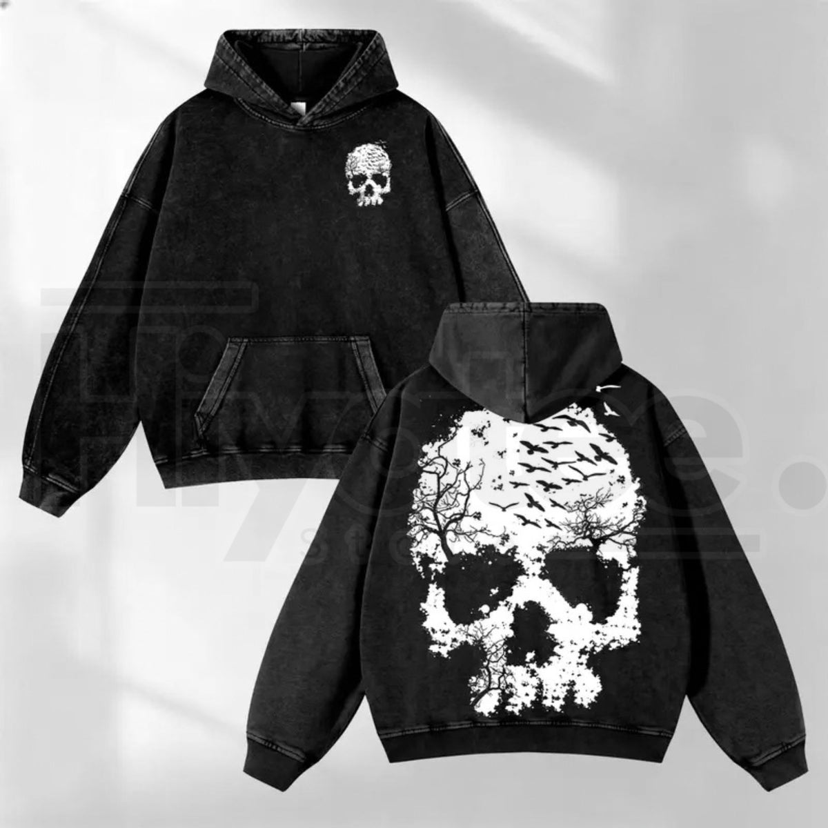 Vintage Washed Skull Print Hoodie – Distressed Skeleton Graphic, Minimal Dark Aesthetic Oversized Sweatshirt