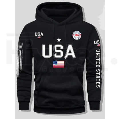 USA Flag Print Men’s Fleece Hoodie – United States Letter Print Unisex Knit Pullover for Couples & Students, 2026 Spring Fashion