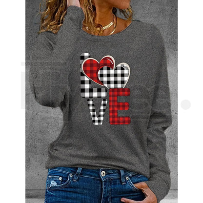 Valentine's Day Heart Print Long Sleeve T-Shirt – Women's Autumn Winter Crew Neck Top with Slight Stretch