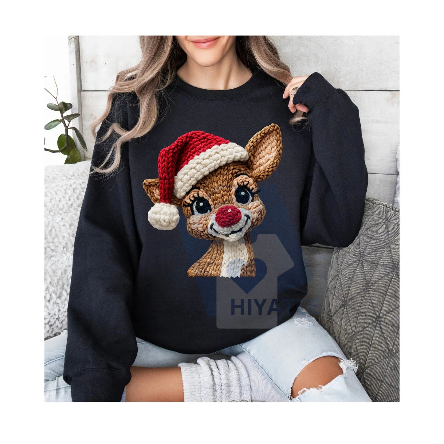 Red Nose Reindeer Santa Hat Holiday Sweatshirt: Cute Festive Crewneck Pullover, Classic Christmas Graphic Sweater