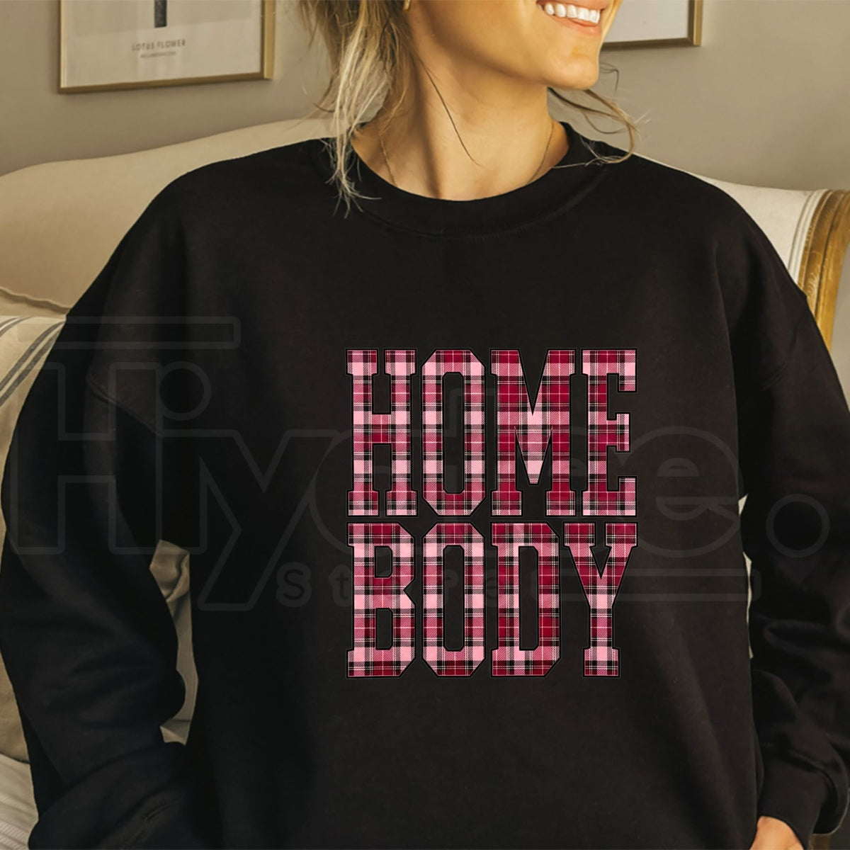 Red Plaid Homebody Graphic Top Sweatshirt – Coziest Autumn Winter Crewneck, Rustic Plaid Lettering Pullover