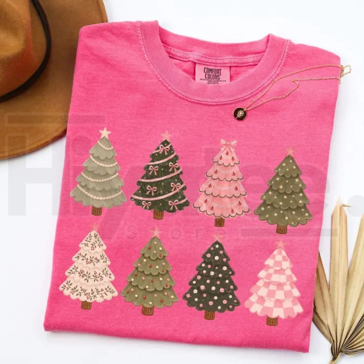 Comfort Colors Whimsical Christmas Trees Pink Holiday Tee