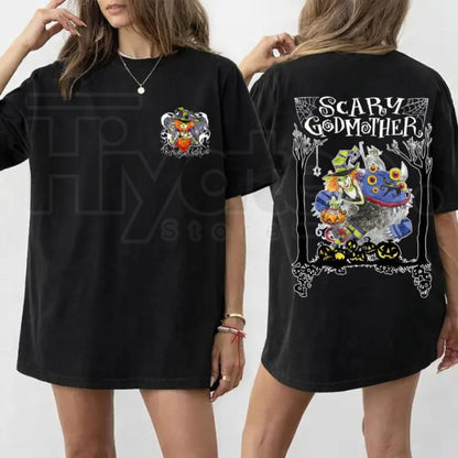 Scary Godmother Halloween Graphic T-Shirt – Witch, Pumpkin & Monster Front & Back Print Tee