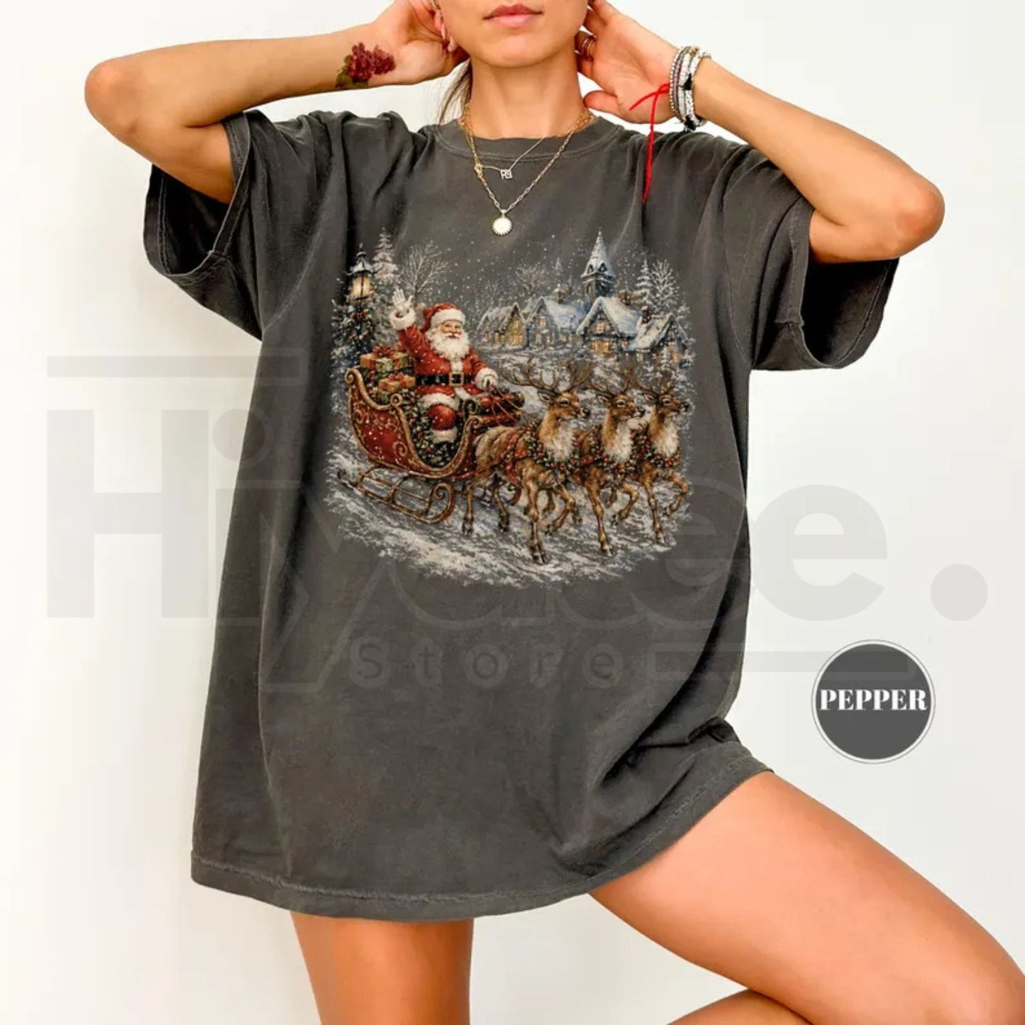 Vintage Santa Sleigh Christmas Shirt Retro Snowy Village Reindeer Tee