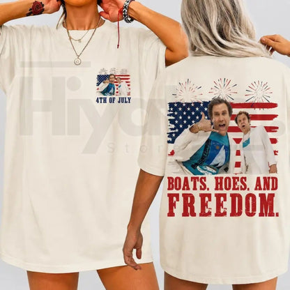 Boats Hoes And Freedom 2-Sides T-Shirt – Prestige Worldwide 4th of July Tee