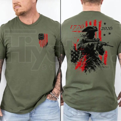 250th Anniversary Distressed American Flag 2-Sided T-Shirt – 1776-2026 Revolutionary Soldier Graphic Tee