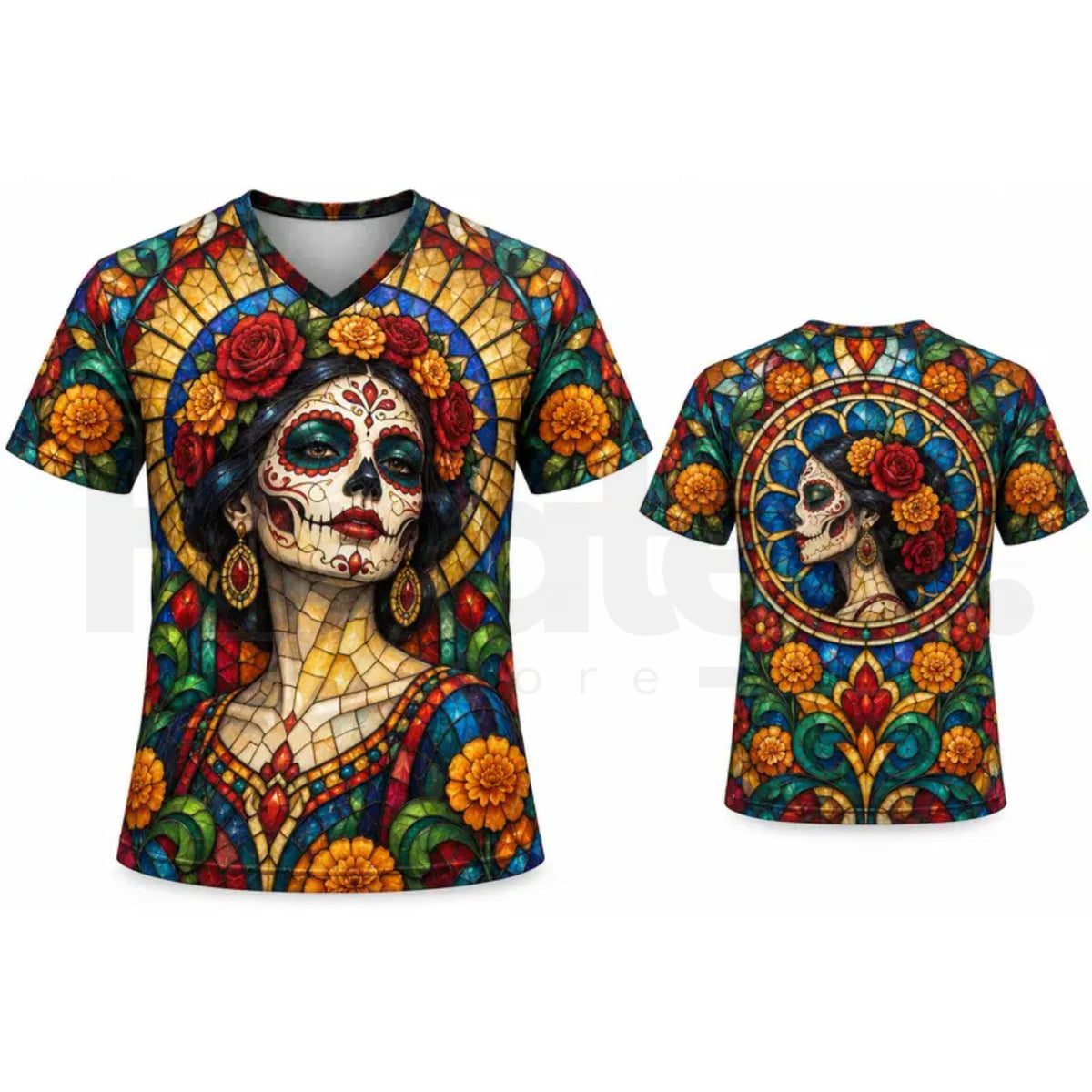 Lady's Mexican Día de los Muertos Skull La Catrina V-Neck Sports Top