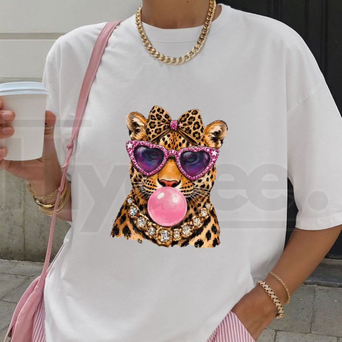 Women's Oversized Chic Crew Neck Glam Tiger Graphic Print Tee
