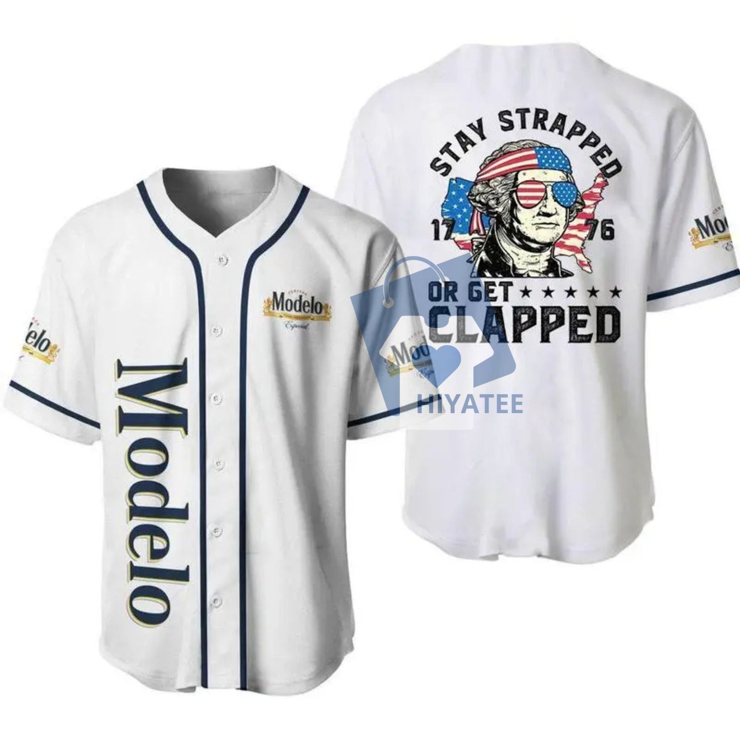 4th of July Coor Beer Baseball Jersey – Stay Strapped or Get Clapped 1776 George Washington Shirt, Vintage USA Flag Party Outfit