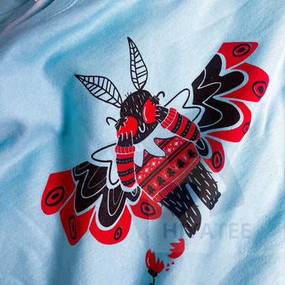 Christmas Mothman Crewneck Sweatshirt: Hand Printed Screen Printing Cotton, Unisex Red Mothman Shirt, Stylish Long Sleeve Streetwear