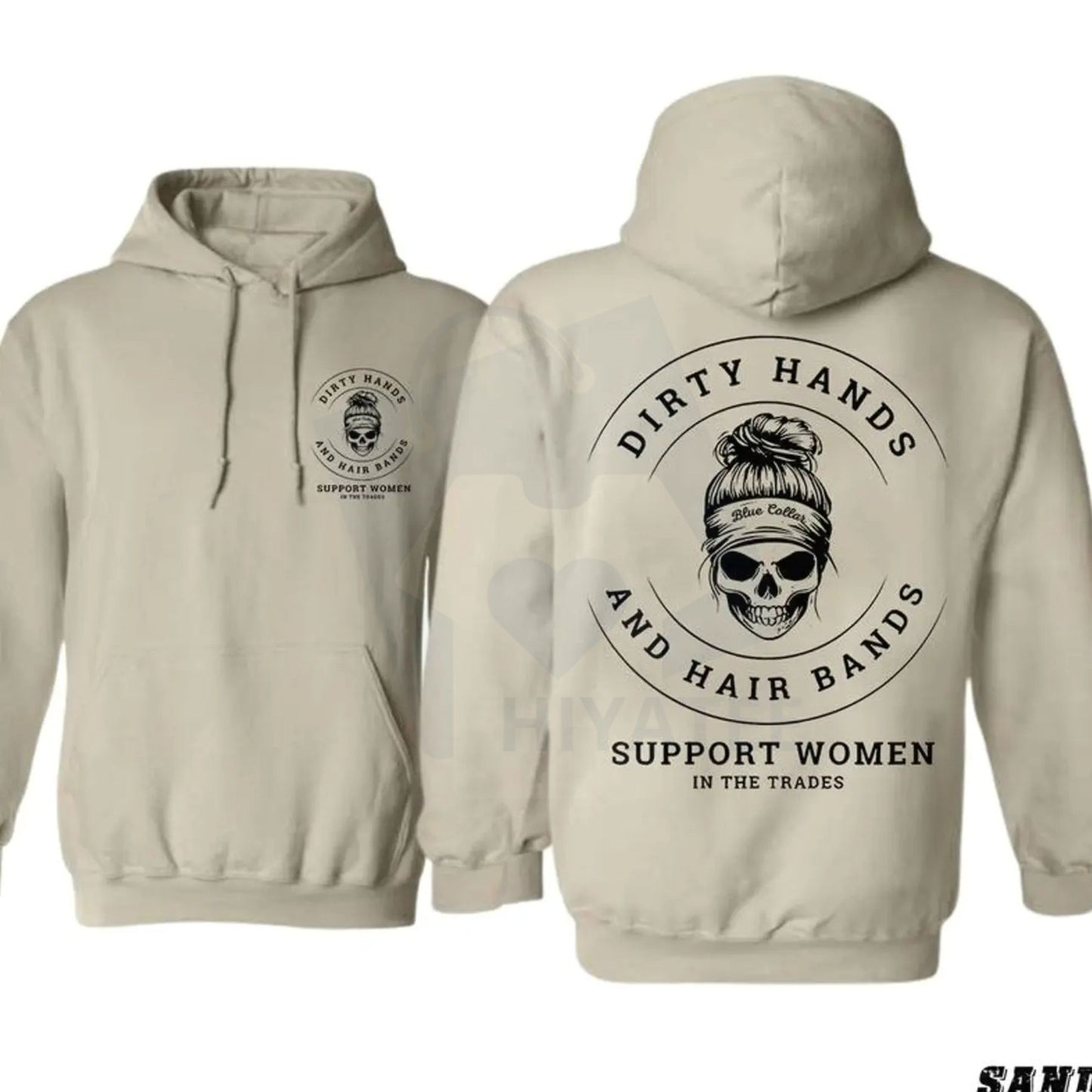 "Dirty Hands and Hair Bands" Skull Blue Collar Hoodie & Crewneck – Support Women In The Trades, Skilled Trades Cotton Fabric Pullover
