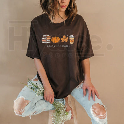 Cozy Season T-Shirt – Pumpkin Coffee & Books Autumn Graphic Tee, Cute Fall Lover Women's Shirt