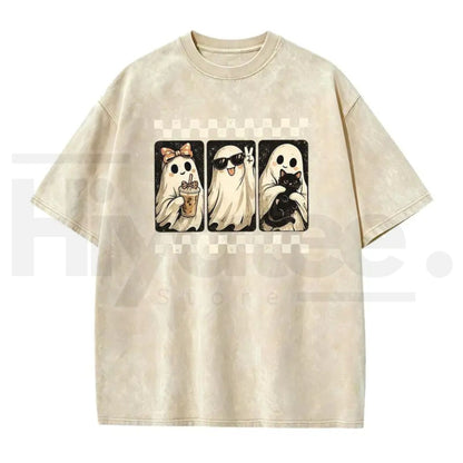 Spooky Theme Halloween Black Cat & Ghost Collage T-Shirt – Vintage Acid Wash Fall Graphic Cotton Tee