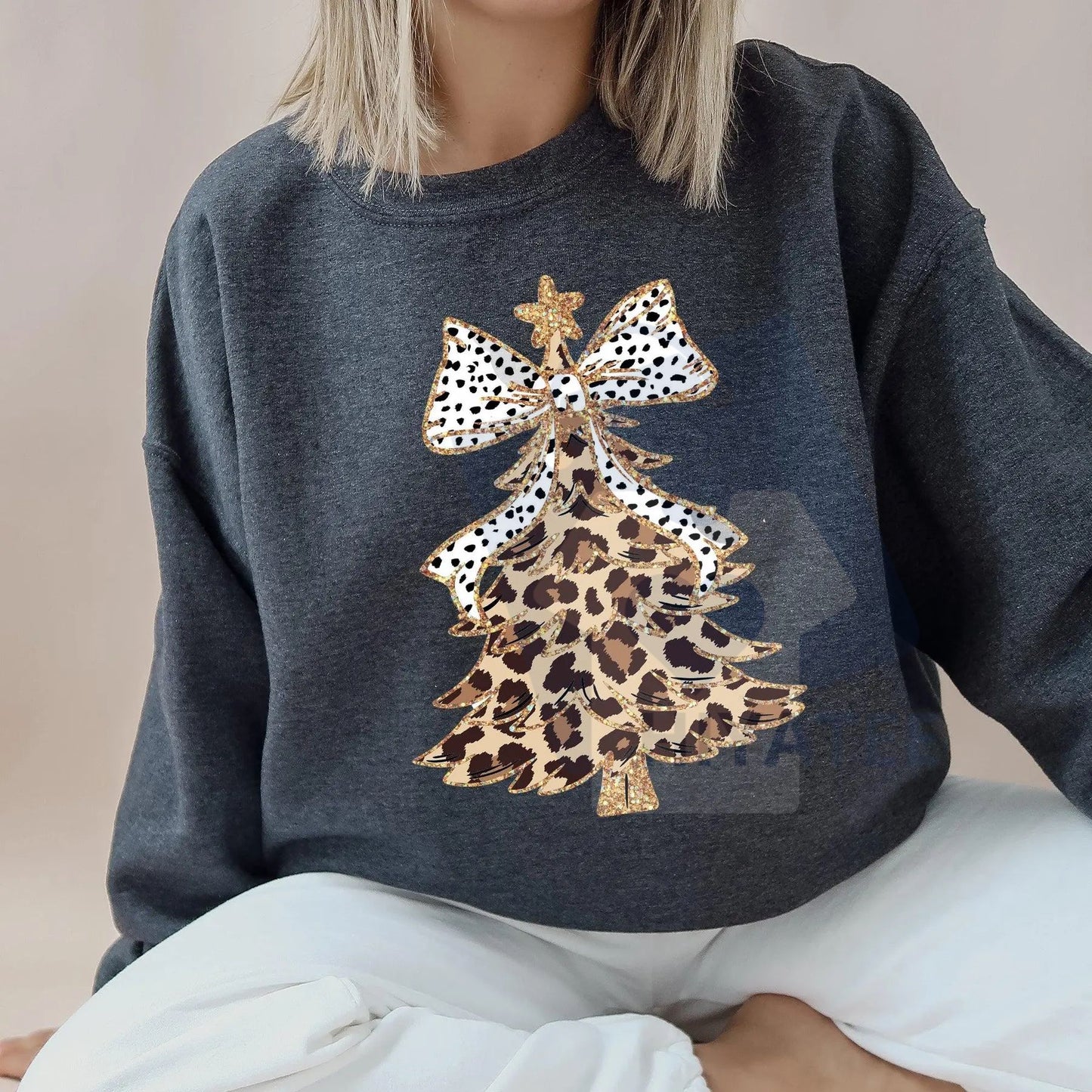 Leopard Print Christmas Tree Sweatshirt: Dalmatian Bow, Santa, Cute Girly Crew Neck Pullover, Women's Holiday Top