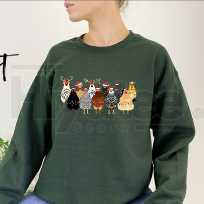 Cute Christmas Chickens Sweatshirt, Funny Farmhouse Hen & Rooster Holiday Pullover