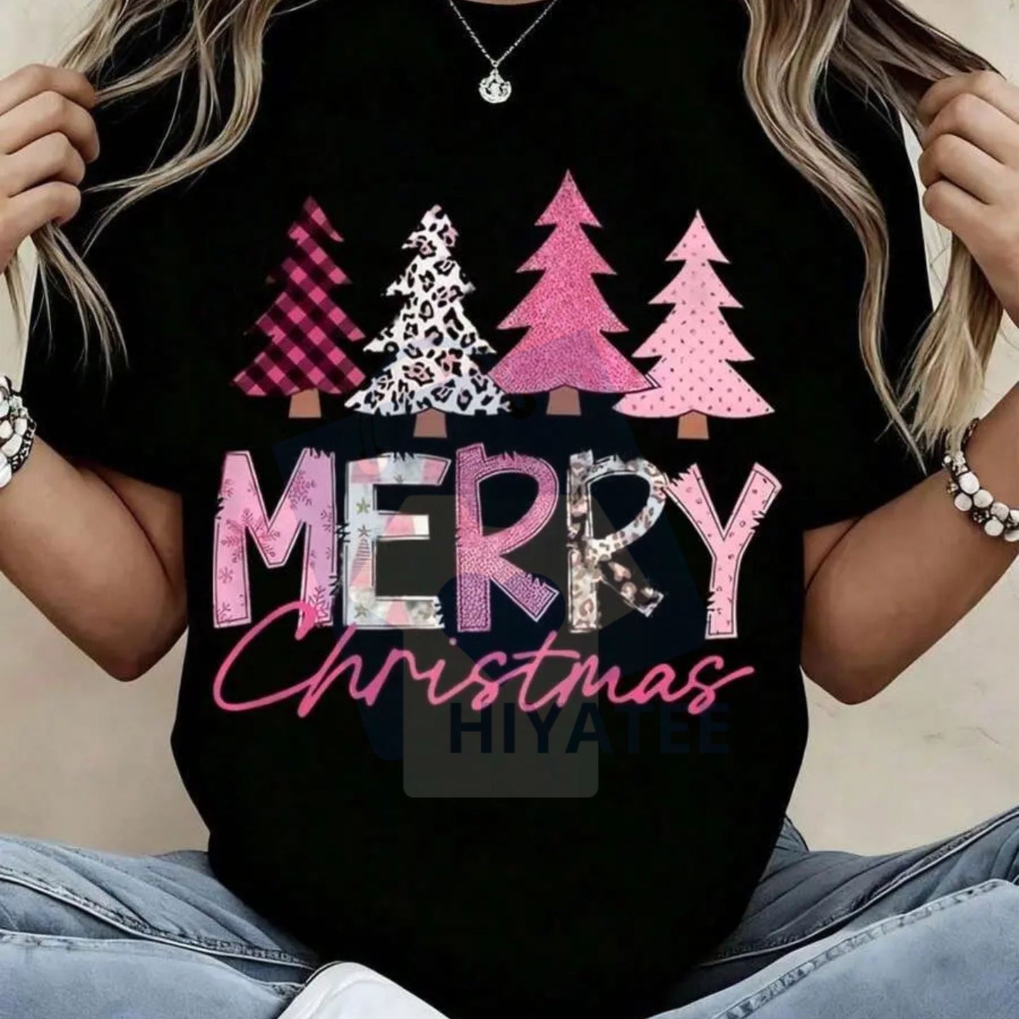 Merry Christmas T-Shirt For Women – Pink Plaid Leopard Print Trees Festive Graphic Tee