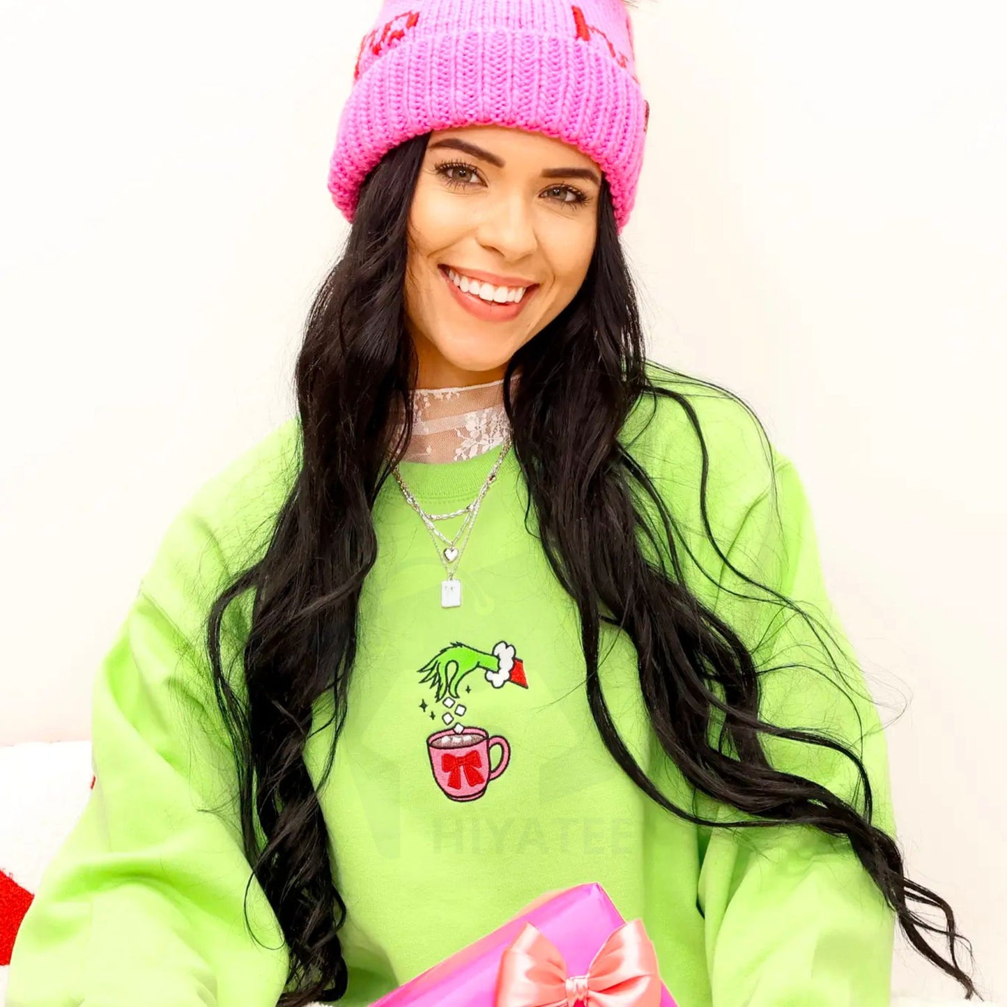 Christmas Drink Embroidered Sweatshirt – Classic Holiday Crewneck, Soft Unisex Light Green