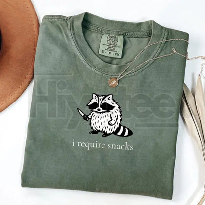 Comfort Colors "I Require Snacks" Raccoon Tee – Funny Goblincore Animal Lover Gift, Cozy Snack Gremlin Shirt