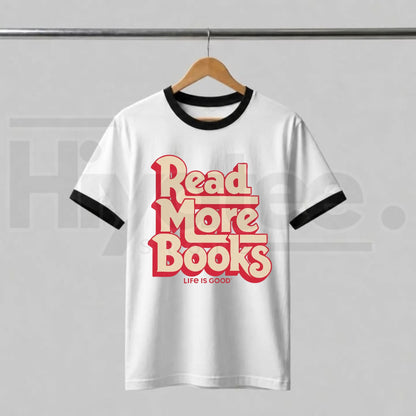 Read More Books Ringer Tee – Retro Book Lover Contrast Collar Shirt, Vintage Literary Aesthetic Unisex Graphic Tee