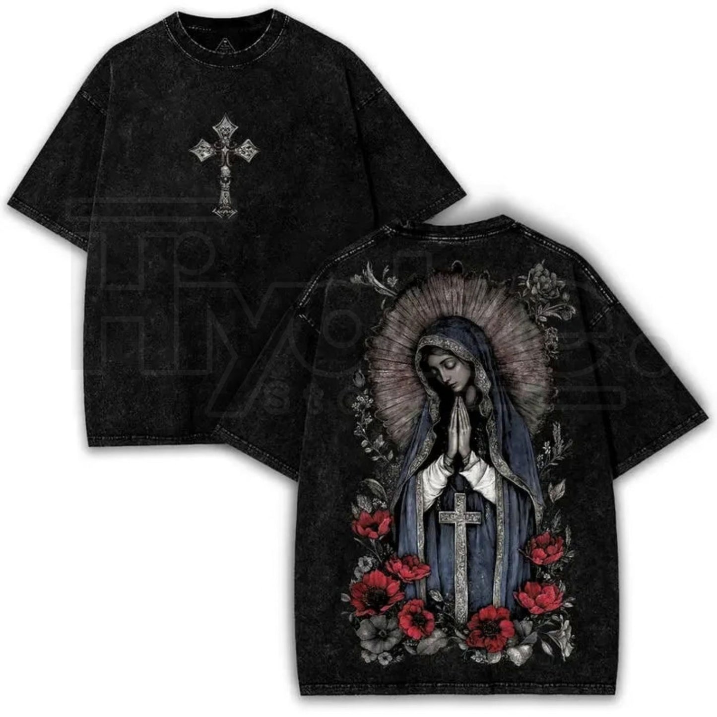 Virgin Mary Graphic T-Shirt – Washed Black Heavy Cotton Gothic Streetwear Tee