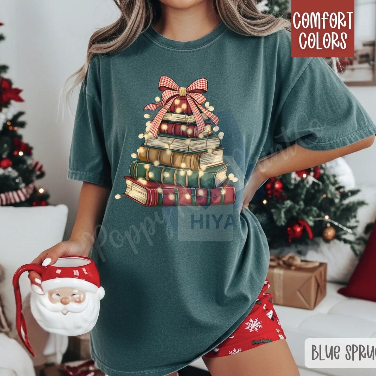 Christmas Book Tree Shirt Comfort Colors – Trendy Women's Holiday Reading T-shirt, Book Lover Gift, Library Tee
