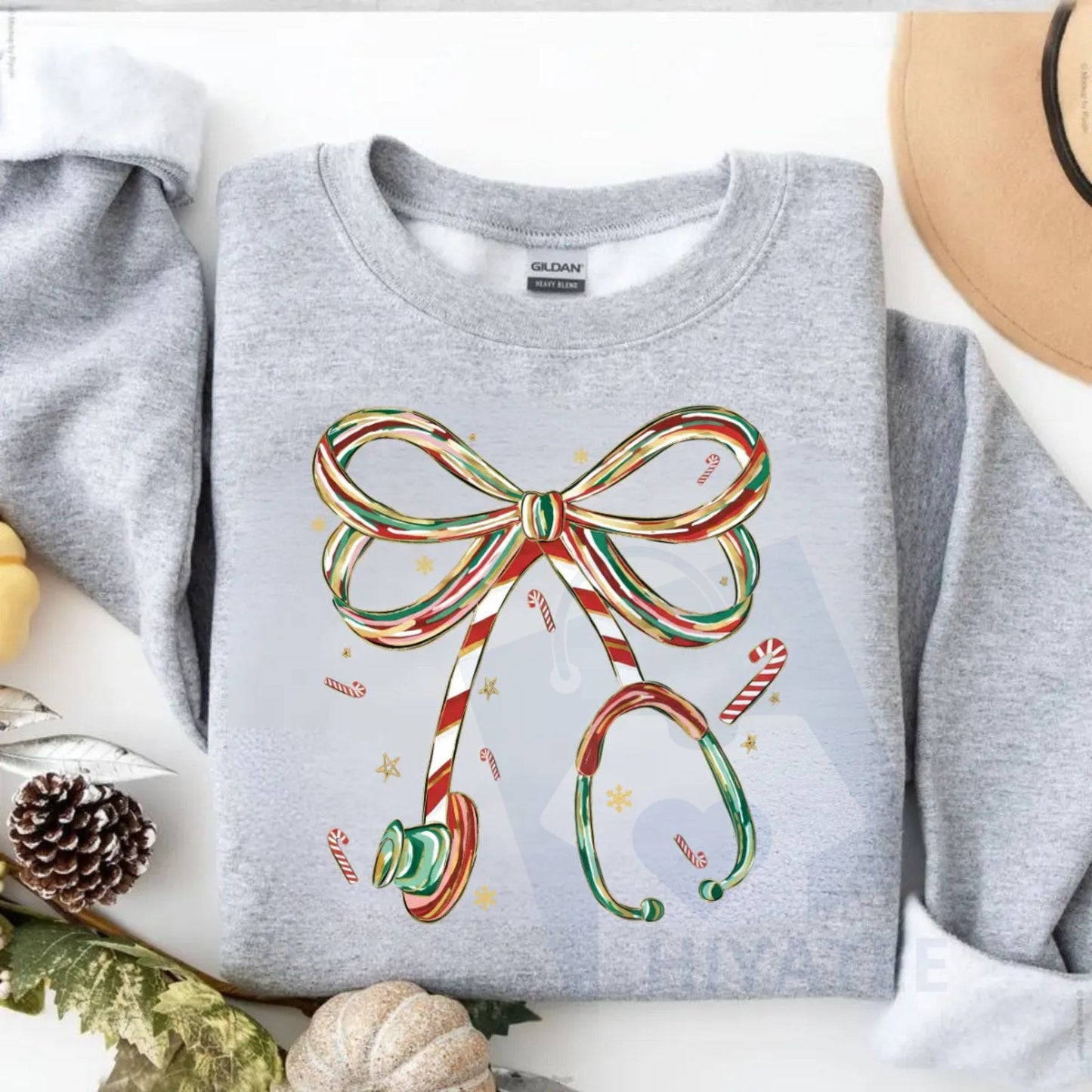 Christmas Nurse Sweatshirt - Candy Cane Stethoscope Bow Design: Cute Holiday Medical Crewneck, Cozy Winter Outfit, Funny Christmas Gift Idea