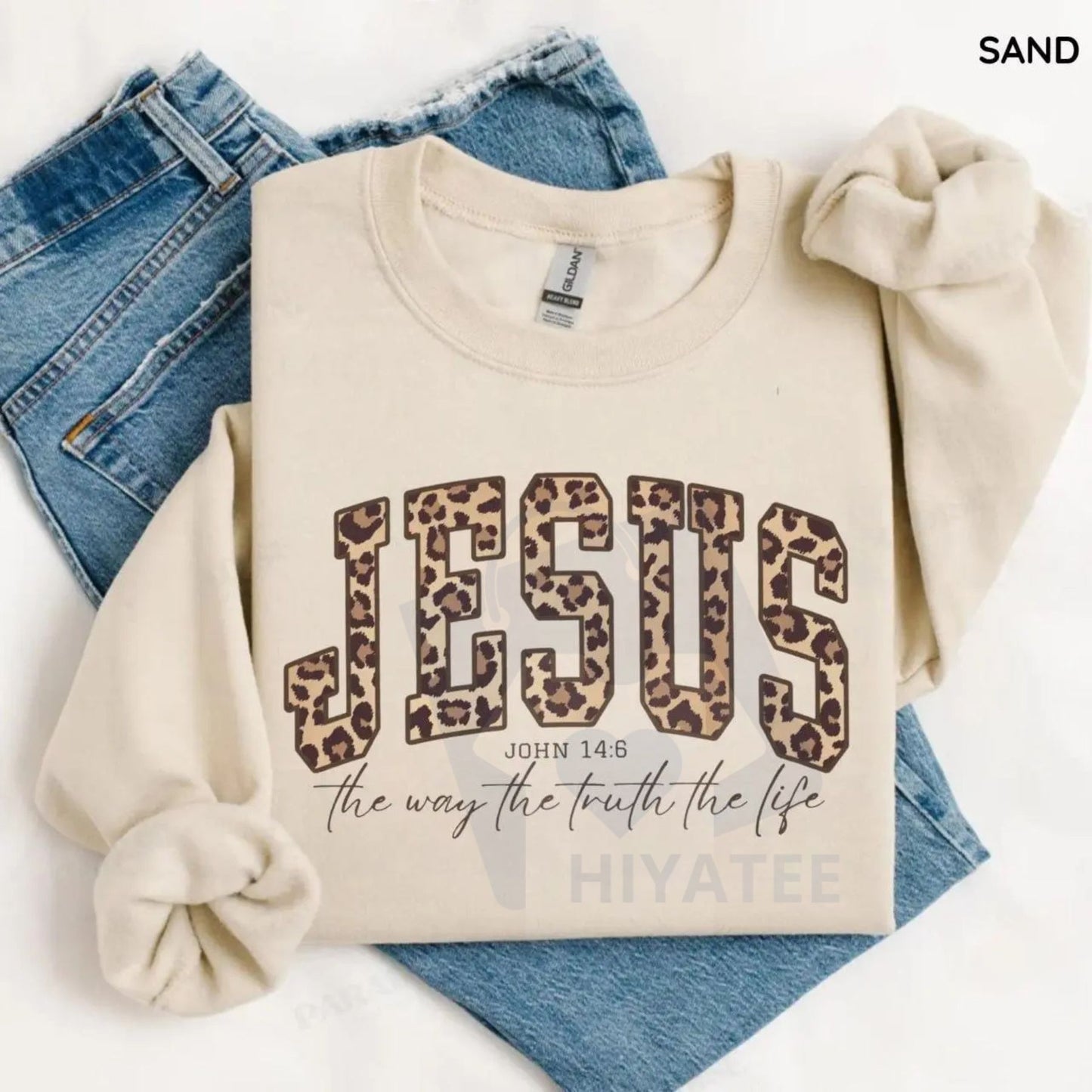 Christian Jesus Leopard Sweatshirt: Cheetah Print Faith Crewneck, Bible Verse Shirt, Trendy Religious Apparel Gift for Women