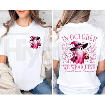 In October We Wear Pink Ghost T-Shirt – Halloween Breast Cancer Awareness Tee
