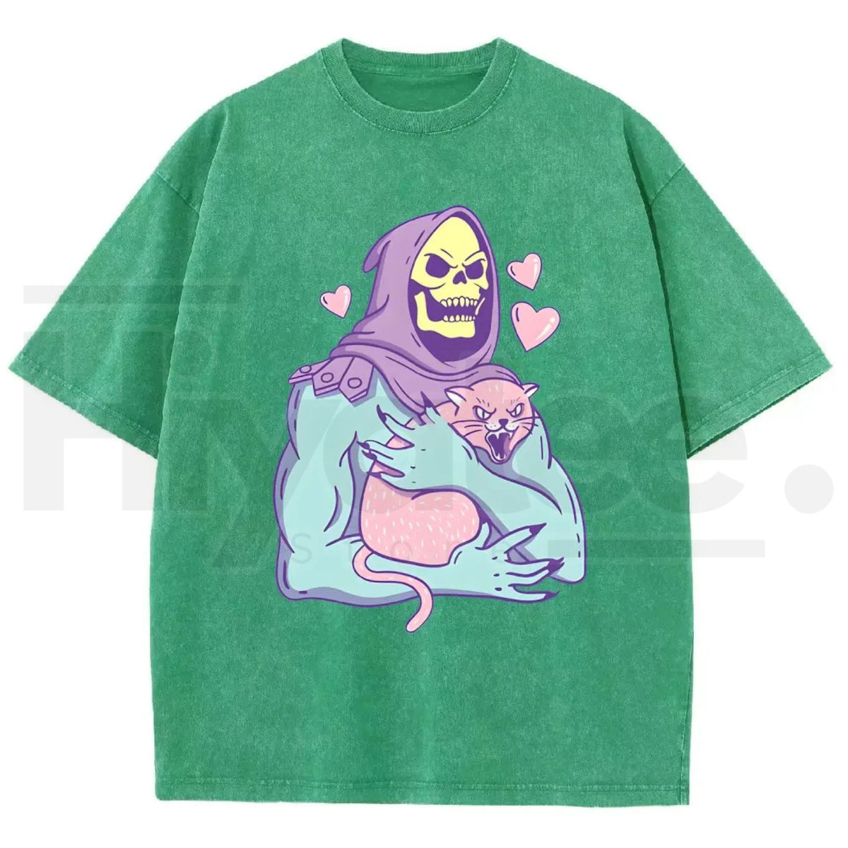 Urban Funny Skull Cat Unisex Graphic T-Shirt – 80s 90s Retro Streetwear Heavyweight Cotton Washed Tee