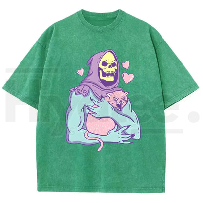 Urban Funny Skull Cat Unisex Graphic T-Shirt – 80s 90s Retro Streetwear Heavyweight Cotton Washed Tee
