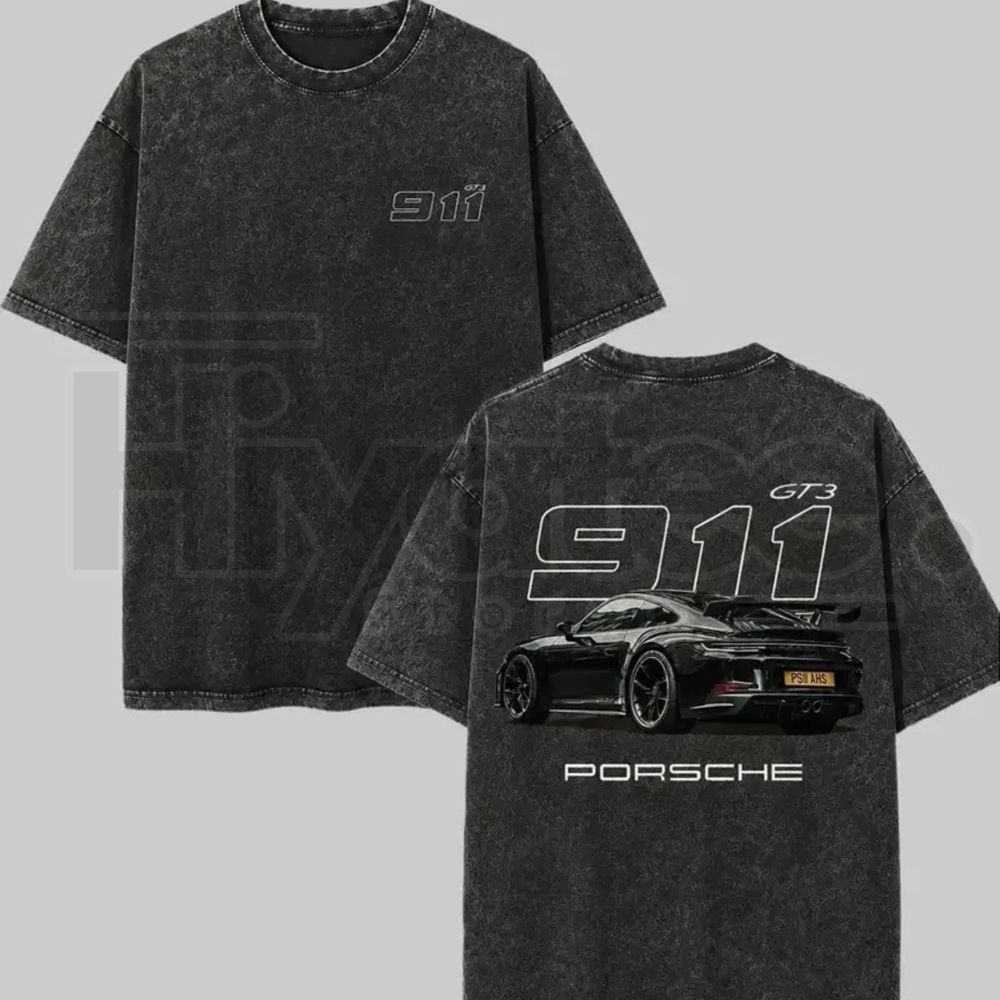 Heavyweight Vintage Washed Grey Porsche 911 GT3 Graphic T-Shirt – Retro German Supercar Track Day Tee