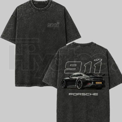 Heavyweight Vintage Washed Grey Porsche 911 GT3 Graphic T-Shirt – Retro German Supercar Track Day Tee