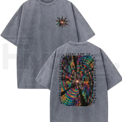 Vintage Acid Wash Trippy Forest Graphic Tee – Psychedelic Festival Y2K Oversized Cotton Shirt