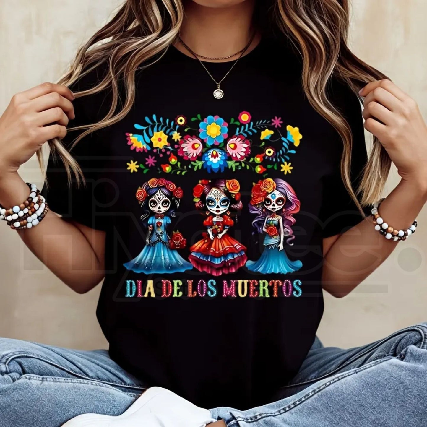 Colorful Floral Sugar Skull Girl T-Shirt – Dia De Los Muertos Festival Graphic Tee, Mexican Halloween Party Top