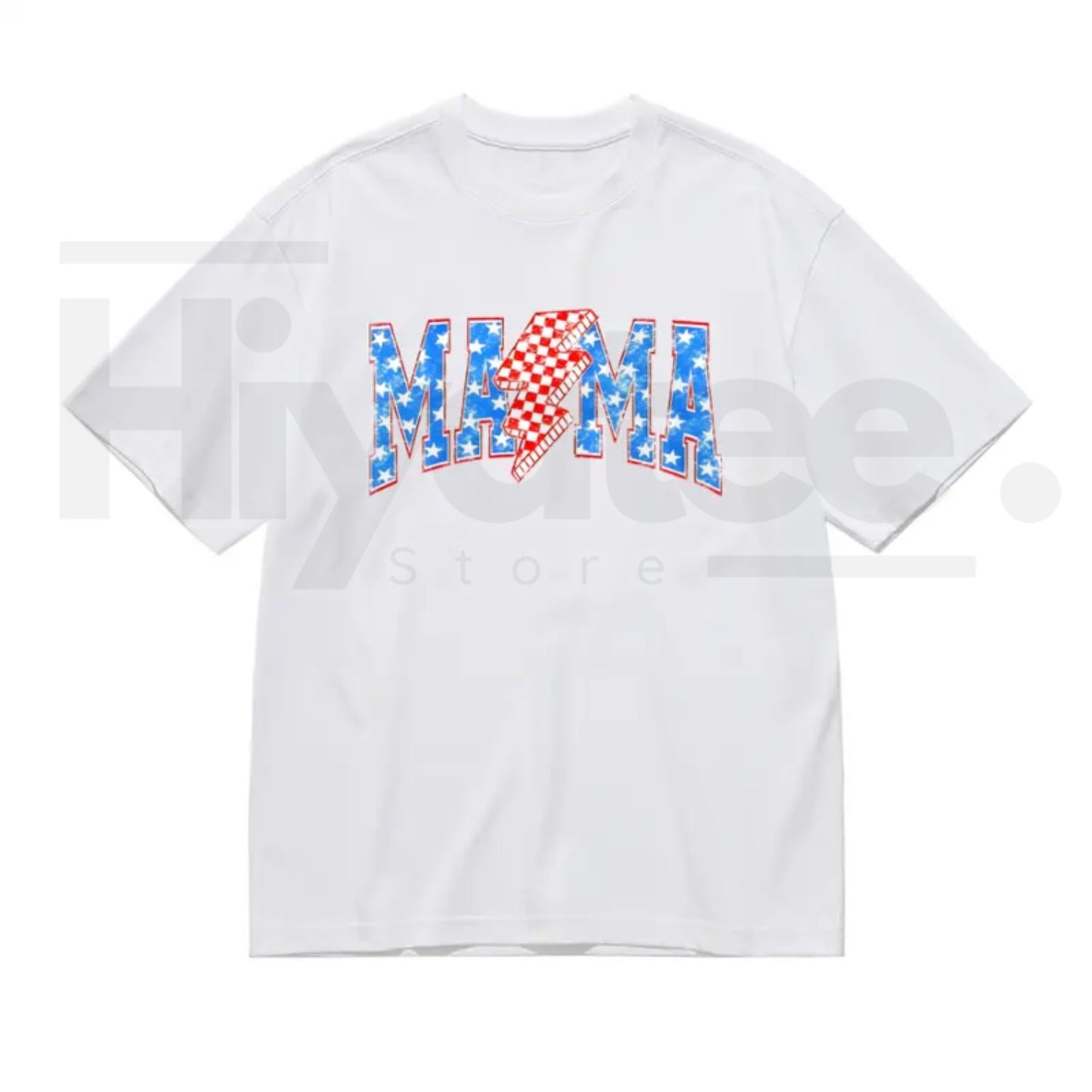 Women's Patriotic Mama Checkered Lightning Bolt Oversized T-Shirt – Retro 4th of July Graphic Tee