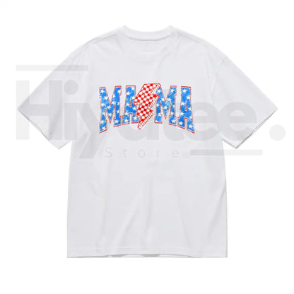 Women's Patriotic Mama Checkered Lightning Bolt Oversized T-Shirt – Retro 4th of July Graphic Tee