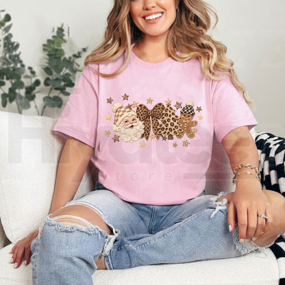Women's Festive Holiday Aesthetic T-Shirt – Retro Leopard Gingerbread Man & Coquette Bow Tee